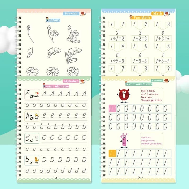 Magic Calligraphy Practice Book Set – Reusable (4 Books + 10 Refills + Pen + Grip)